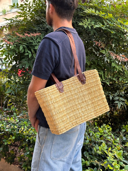 Leather Long Handle Handmade Basket - Medium