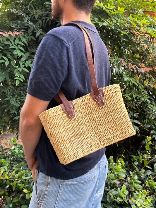 Leather Long Handle Handmade Basket - Small