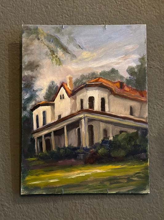 White Victorian House Oil Painting