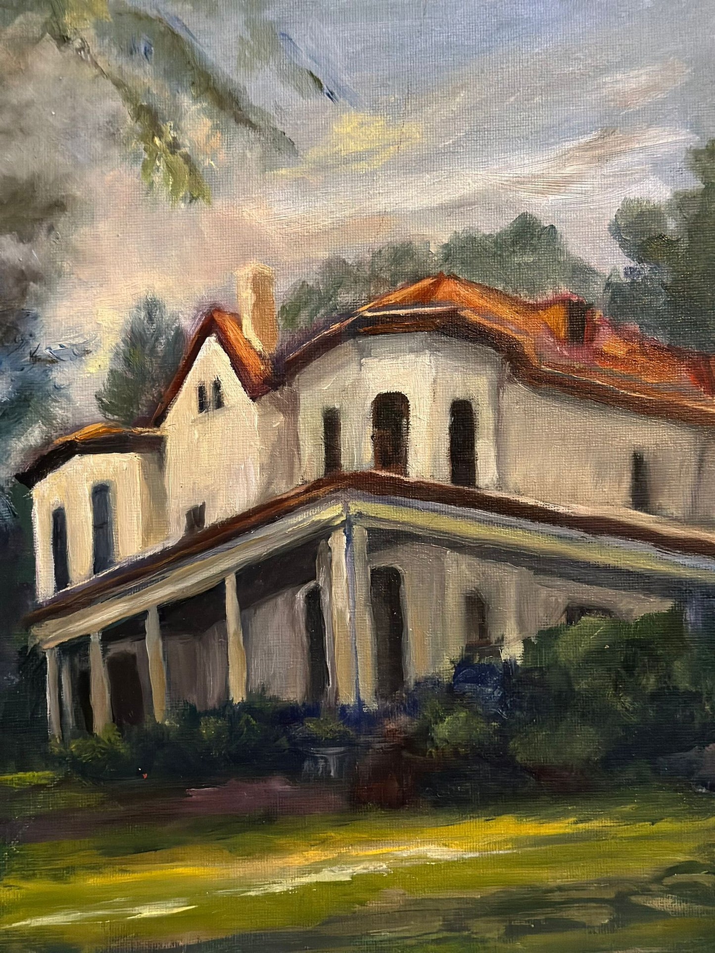 White Victorian House Oil Painting